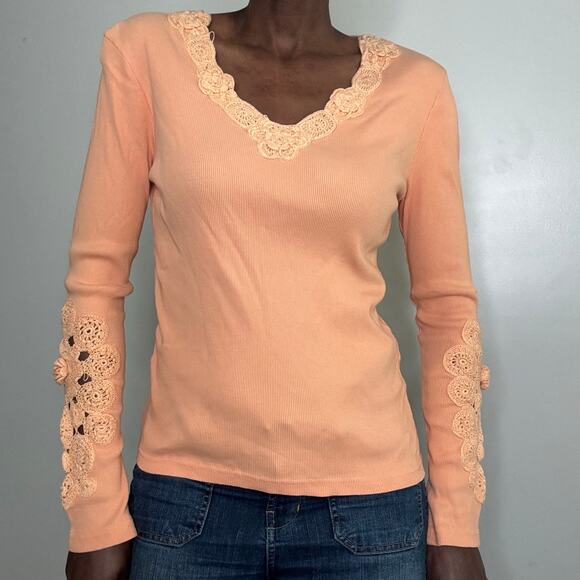 VINTAGE | Y2K Together Boho Crochet Detail Peach Cotton Long Sleeve Top - Picture 6 of 6